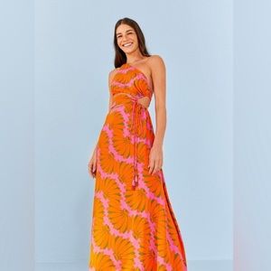 BNWT XS FARM Rio Pink Copacabana Cut Out Midi Dress Anthropologie yellow banana